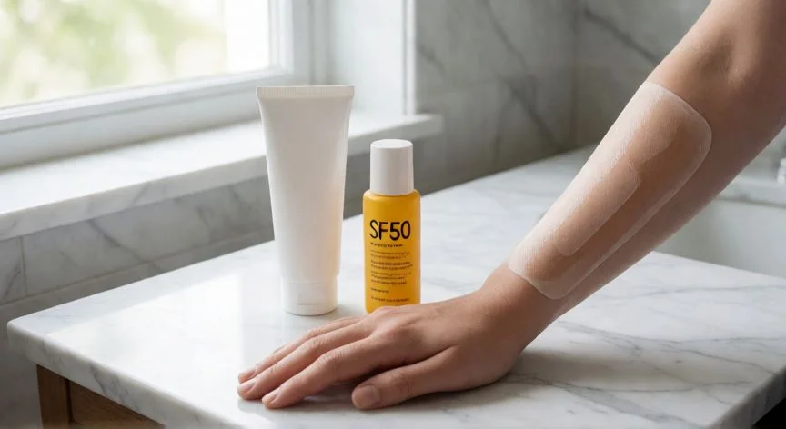 como mejorar un queloide, Lámina de silicona y gel sobre cicatriz queloide en antebrazo con protector solar