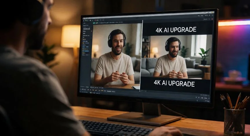como mejorar un video con ia, Editor de video comparando calidad antes y después de aplicar IA en monitor