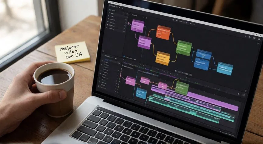como mejorar un video con ia, Interfaz de edición de video con nodos de procesamiento por IA en una laptop