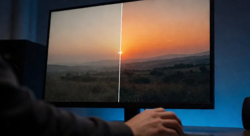 como mejorar una foto, Comparación antes y después de la edición de una foto de paisaje en monitor