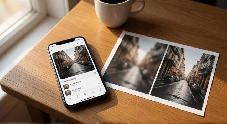 como mejorar una foto borrosa, Smartphone mostrando app de mejora de fotos junto a impresiones comparativas