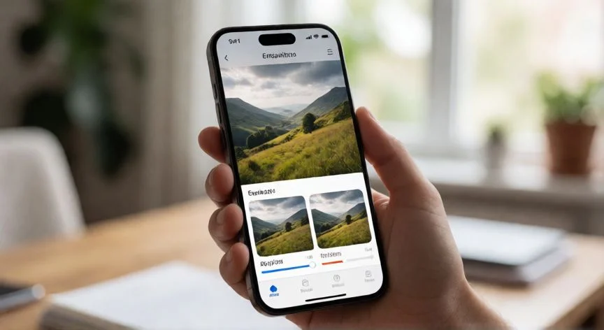 como mejorar una foto con ia, Mano sosteniendo un móvil con una app de mejora fotográfica con IA mostrando comparación antes y después