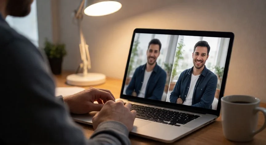 como mejorar una foto con ia gratis, Persona usando IA en su portátil para comparar una foto borrosa con su versión mejorada