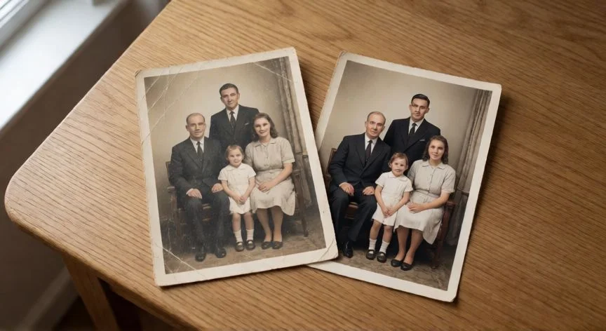 como mejorar una foto con ia gratis, Foto antigua dañada junto a su versión restaurada con IA sobre una mesa de madera