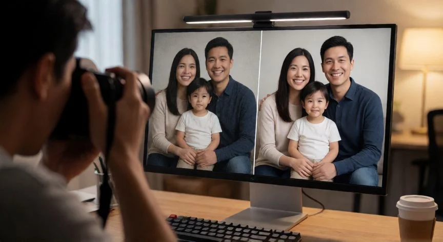 como mejorar una foto con inteligencia artificial, Comparación antes y después de mejorar una foto con inteligencia artificial en un monitor