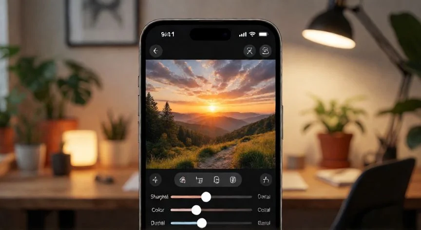 como mejorar una foto con inteligencia artificial, Móvil mostrando app de edición de fotos con herramientas de mejora por IA