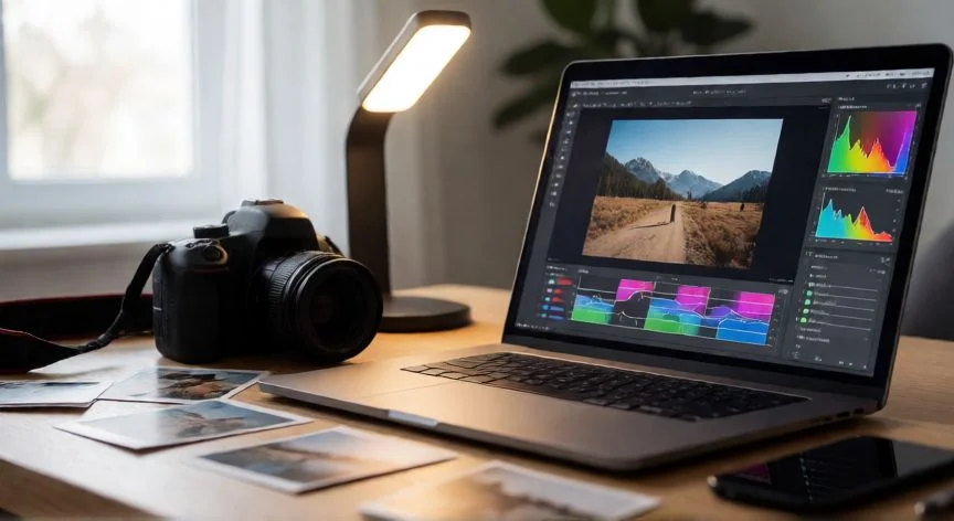 como mejorar una imagen, Mesa de trabajo de fotógrafo con software de edición abierto en la pantalla