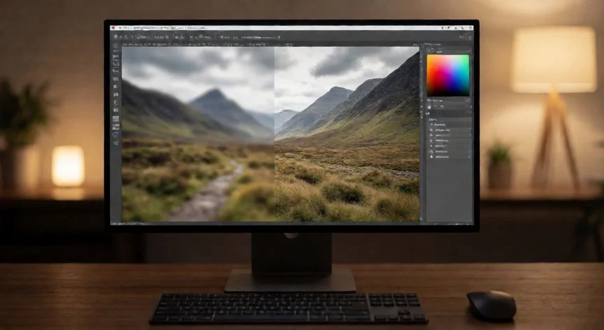 como mejorar una imagen borrosa, Pantalla de ordenador mostrando comparativa de imagen borrosa y nítida en software de edición fotográfica