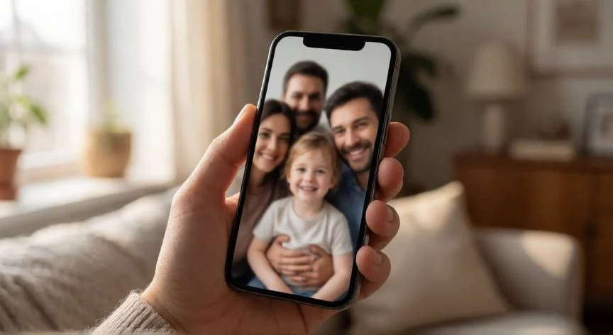 como mejorar una imagen borrosa, Persona usando una app de IA en el móvil para mejorar una foto borrosa de una cara