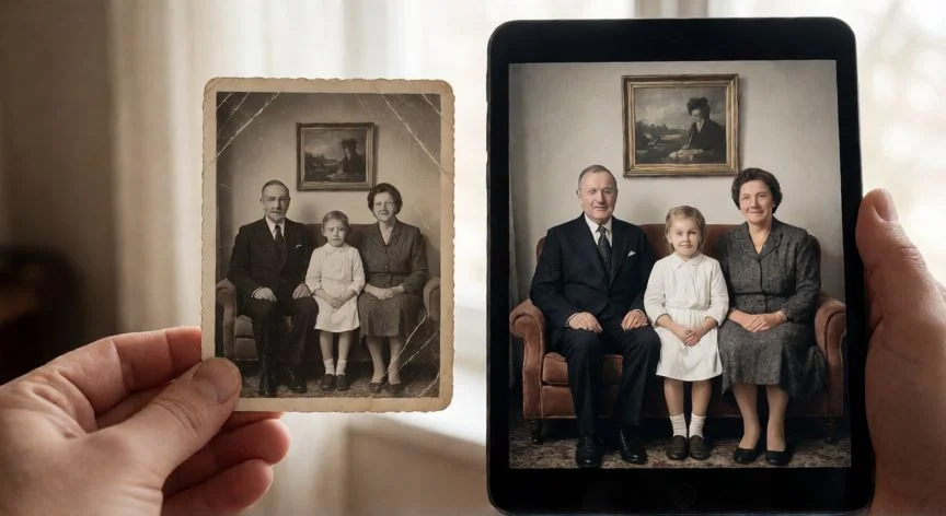 como mejorar una imagen con ia, Restauración de fotografía antigua con IA: antes y después en mano