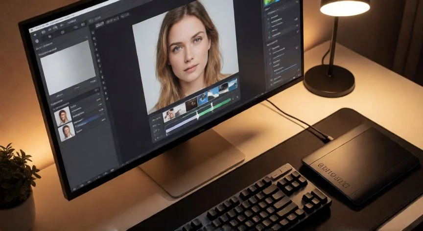 como mejorar una imagen pixelada, Estación de trabajo de edición fotográfica con herramientas de mejora de imagen