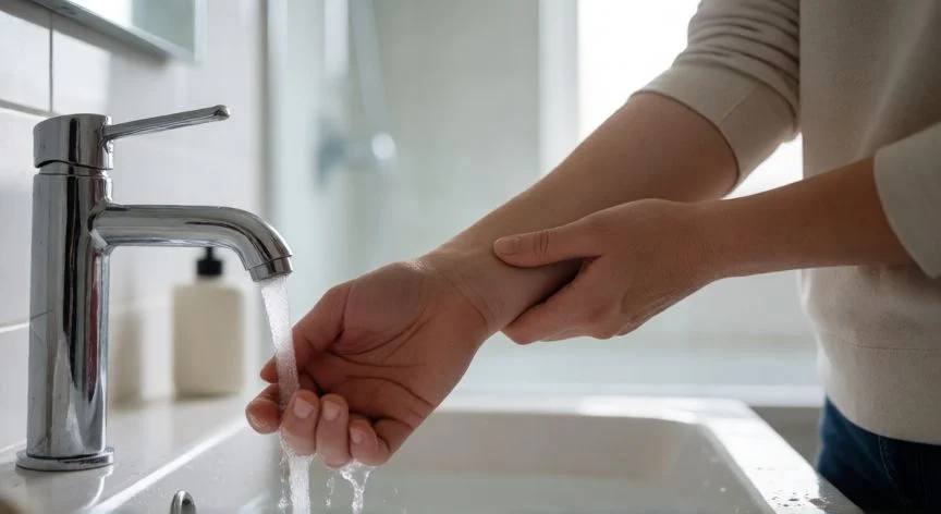 como mejorar una quemadura, Persona enjuagando una quemadura bajo agua fría del grifo del baño