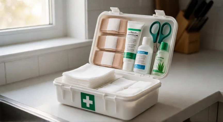 como mejorar una quemadura, Botiquín con gasas estériles y pomada antibiótica para tratar quemaduras leves en casa