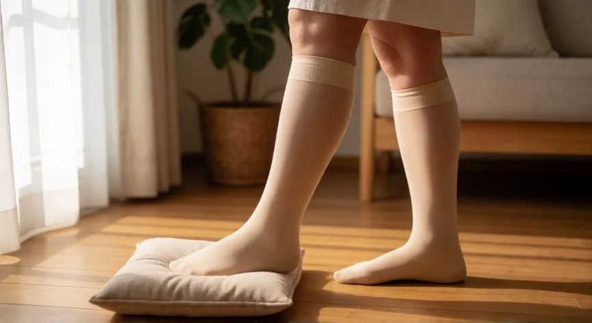 como mejorar varices, Mujer con medias compresivas elevando una pierna en casa para mejorar la circulación