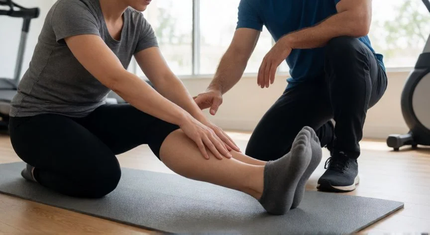 como mejorar varices, Ejercicios de estiramiento de pantorrilla con fisioterapeuta para mejorar las varices