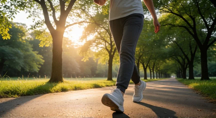 como mejorar varices en las piernas, Persona caminando por un parque para mejorar la circulación venosa