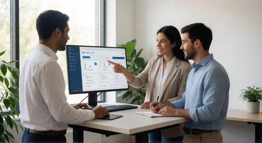 como mejorar ventas en un negocio, Equipo de ventas colaborando con un CRM en tiempo real