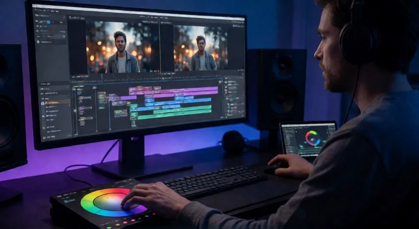 como mejorar videos con ia, Colorista trabajando con nodos de IA para estabilización y reducción de ruido en vídeo