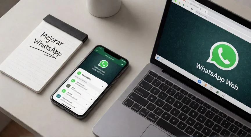 como mejorar whatsapp, Espacio de trabajo con móvil y ordenador mostrando WhatsApp Web