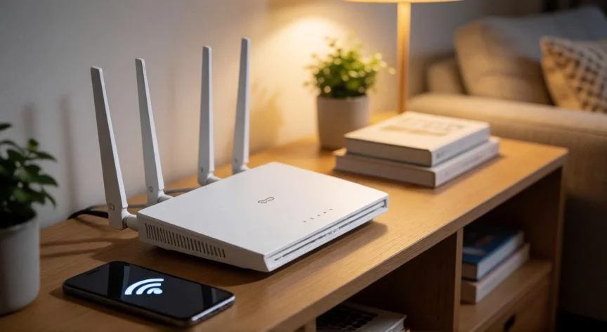 como mejorar wifi de mi celular, Router WiFi en una estantería con un móvil conectado al lado