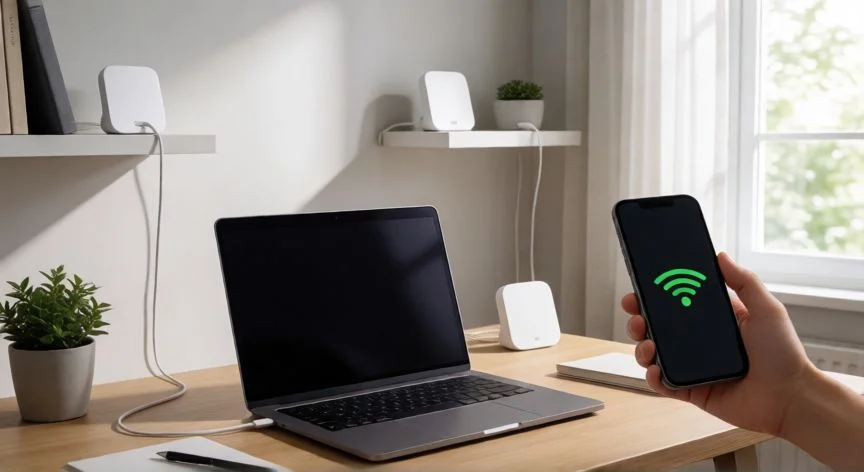 como mejorar wifi de mi celular, Sistema Mesh WiFi en una vivienda moderna con móvil conectado