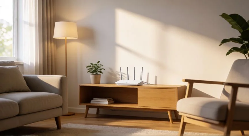 Router WiFi colocado en posición central y elevada sobre una estantería en un salón moderno
