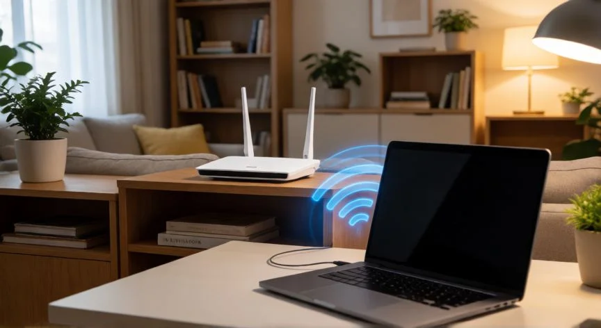 como mejorar wifi en pc, Router WiFi bien ubicado en un salón con laptop conectada por señal inalámbrica