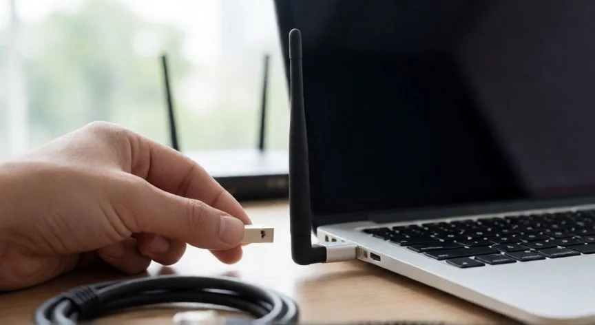 como mejorar wifi en pc, Adaptador USB WiFi con antena externa conectado a un portátil para mejorar señal