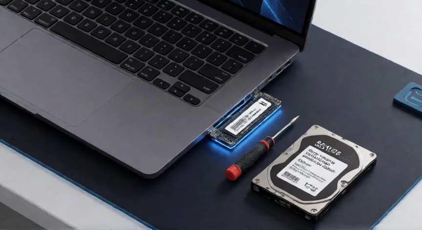 como mejorar windows 10, Instalación de una unidad SSD NVMe M.2 en un portátil con el panel lateral abierto