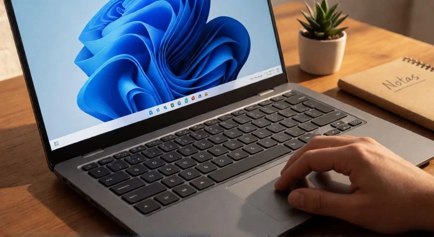como mejorar windows 11, Portátil con Windows 11 en una mesa de madera con luz cálida de tarde