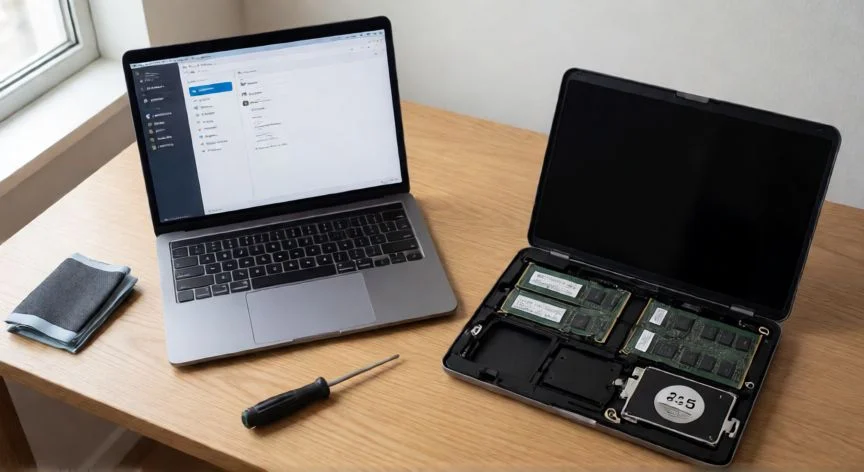 como mejorar windows 8, Vista cenital de un portátil abierto mostrando RAM y SSD con herramientas de montaje