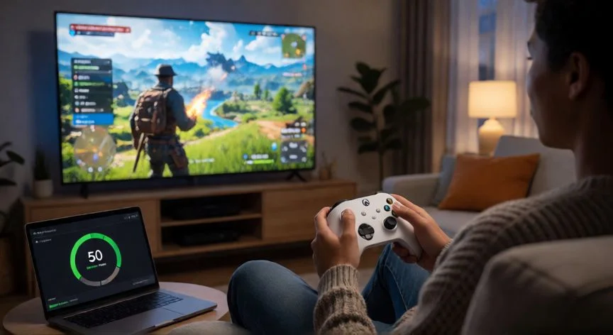 como mejorar xbox cloud gaming, Jugador disfrutando de Xbox Cloud Gaming con buena conexión en el salón