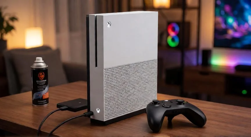 como mejorar xbox one, Xbox One con SSD externo conectado y kit de limpieza para mejorar el rendimiento