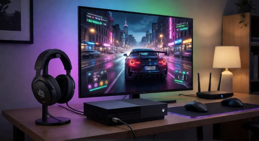 como mejorar xbox one, Setup completo de Xbox One con auriculares, cable de red y TV 4K para mejorar la experiencia