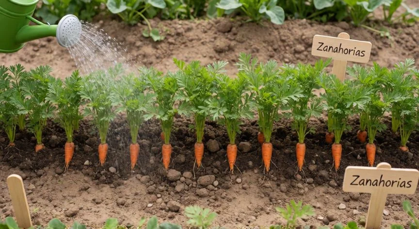 como mejorar zanahorias, Fila de plantones de zanahoria en la huerta con riego por goteo y etiqueta de madera en español
