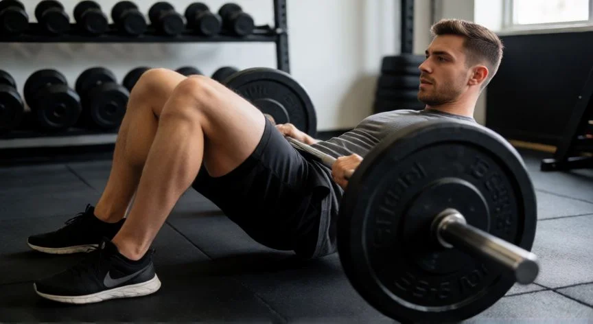 como mejorar zancada al correr, Ejercicio de hip thrust con barra para fortalecer glúteos y mejorar el empuje en carrera