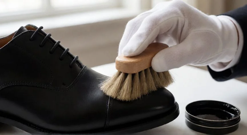 como mejorar zapatos de cuero, Mano puliendo la punta de un zapato oxford de cuero negro con cepillo de cerdas naturales