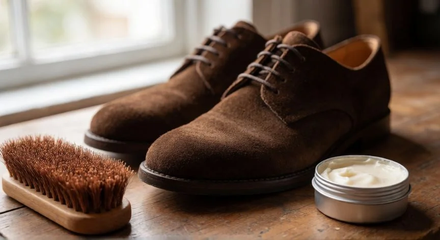 como mejorar zapatos de gamuza, Zapatos de gamuza marrones con cepillo de cobre y crema limpiadora sobre mesa de madera