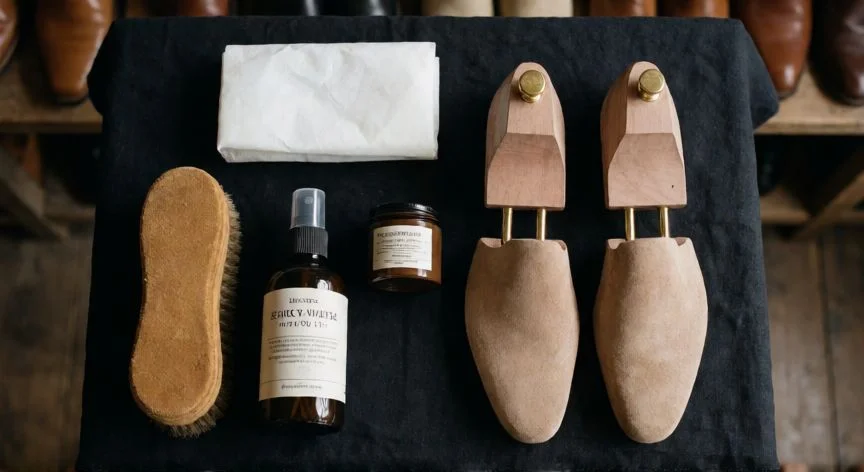 como mejorar zapatos de gamuza, Kit completo de cuidado para zapatos de gamuza con hormas de madera y spray protector