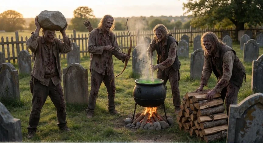 como mejorar zombies graveyard keeper, Zombies especializados trabajando en sus tareas en el cementerio al atardecer