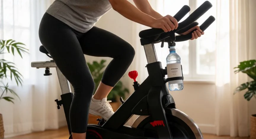 como mejorar zona 2, Mujer entrenando en bicicleta estática en casa con luz natural y botella de agua