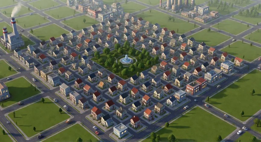 como mejorar zonas en simcity, Vista aérea de una ciudad en SimCity con zonas residenciales, parques y servicios bien planificados