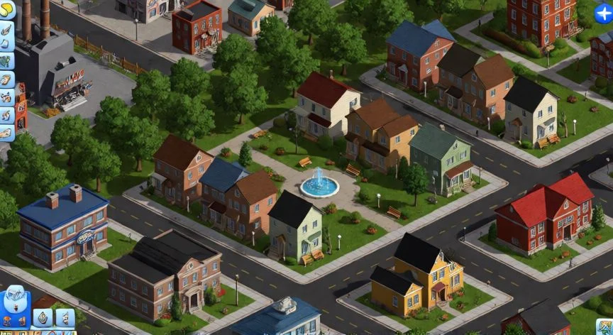 como mejorar zonas en simcity, Zona residencial con parque, servicios municipales y barrera verde separando industria en SimCity