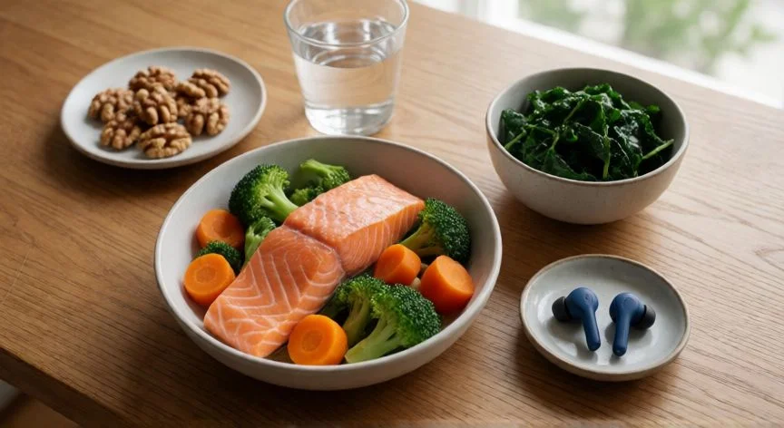 como mejorar zumbido oidos, Comida saludable antiinflamatoria y tapones antiruido sobre mesa de madera