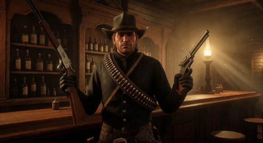 como mejorar zurron red dead redemption 2, Personaje de RDR2 en saloon con zurron completo y varias armas