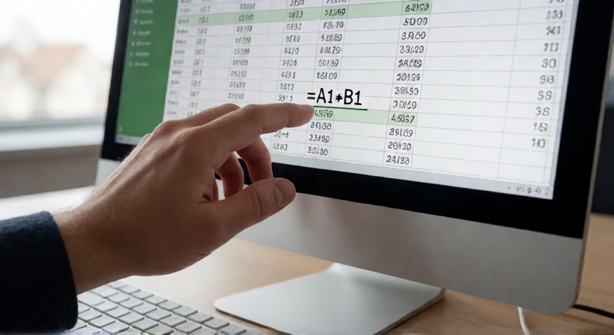como multiplicar en en excel, Mano escribiendo fórmula de multiplicación en Excel