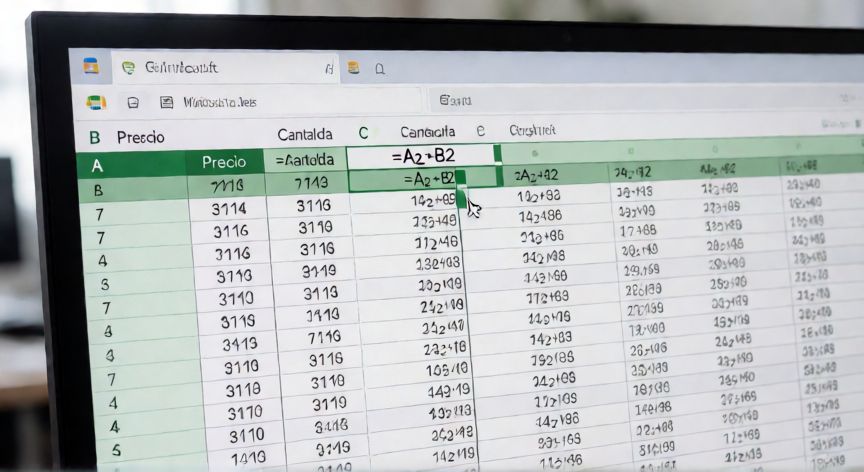 Hoja de cálculo Excel mostrando la fórmula de multiplicación de dos columnas con el controlador de relleno en uso