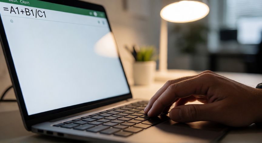 como multiplicar en excel y dividir, Manos escribiendo una fórmula de multiplicación y división en la barra de fórmulas de Excel