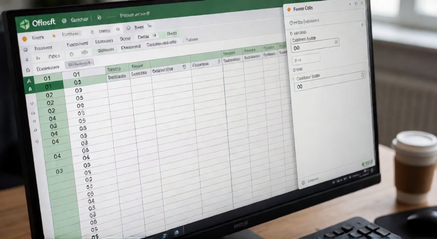 Hojilla de Excel con columna numerada 01 02 03 y diálogo de formato personalizado abierto