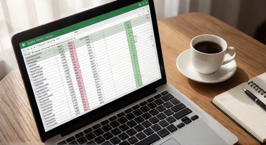 como ocultar en excel columnas, Hoja de cálculo de Excel con columnas ocultas visibles como huecos estrechos entre encabezados